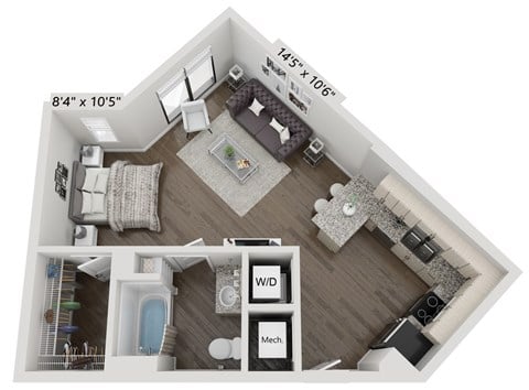 Floor plan for studio, 1 bath, 542 sqft